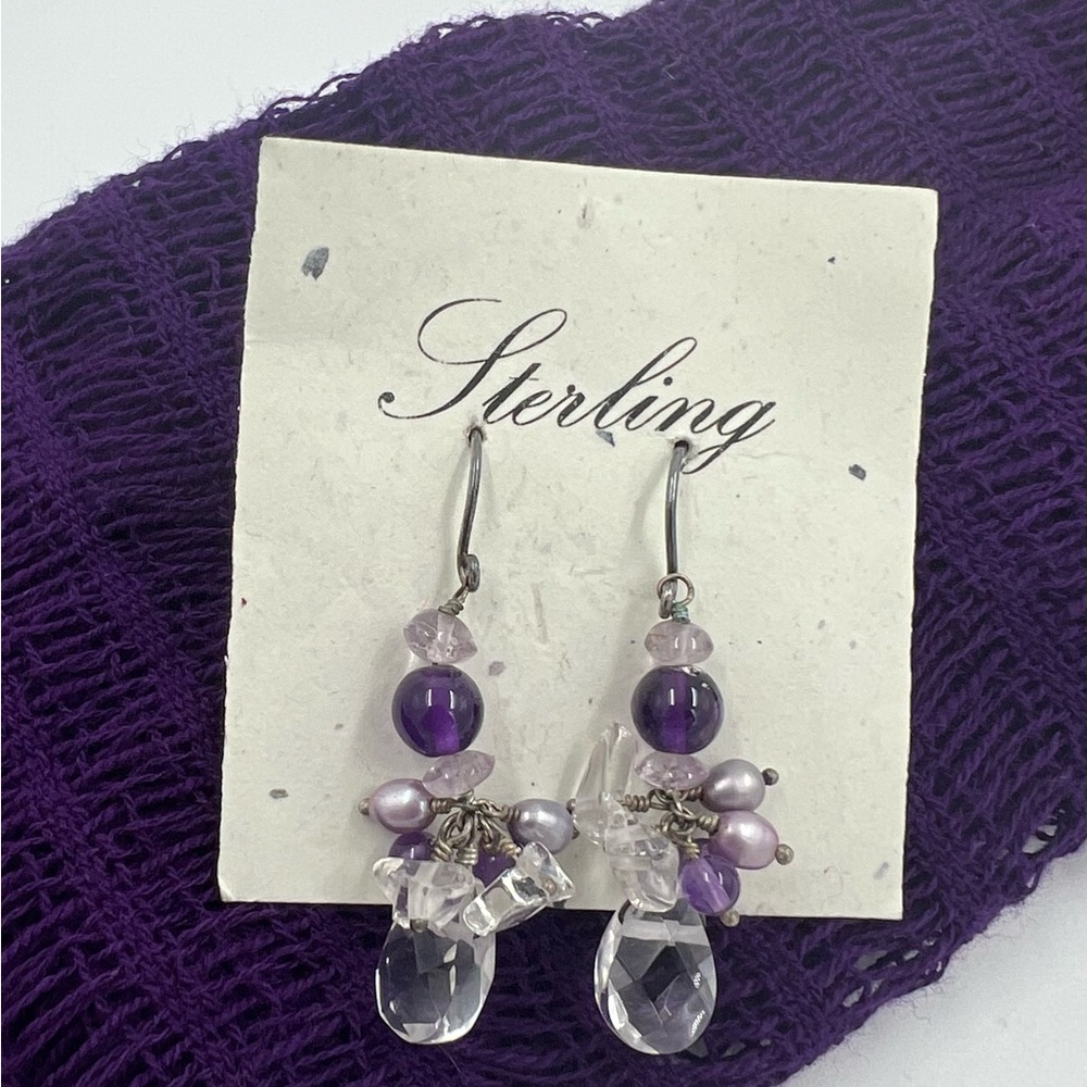 New Sterling Silver Purple Amethyst, Quartz & Pearls Dangle Drop Earrings